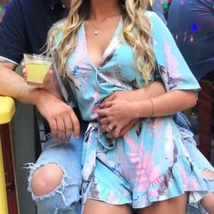 Summer aqua floral flowey romper